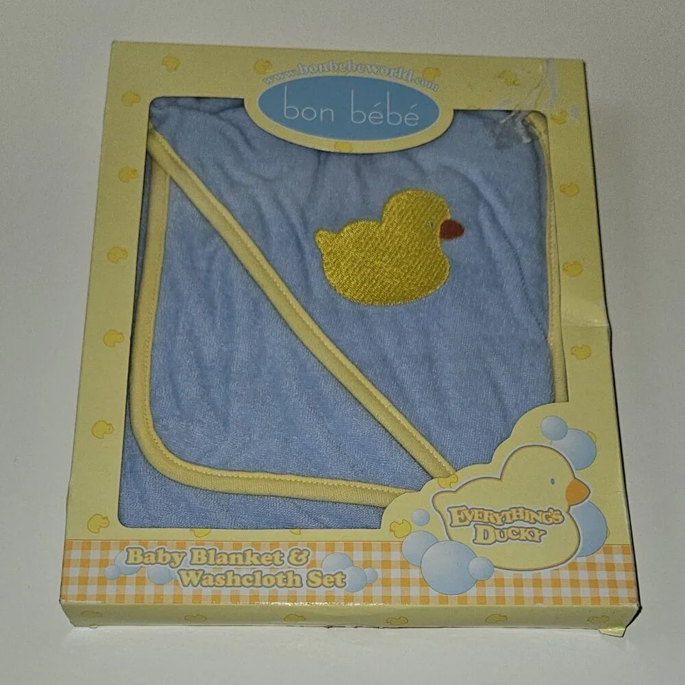 VTG NOS Bon Bebe Everything's Ducky Duck Blue Yellow Baby Blanket Washcloth Set